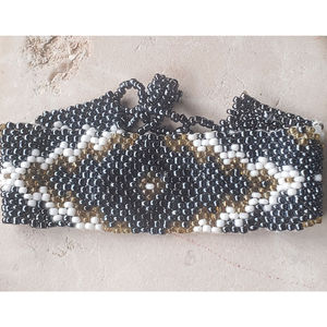 Southwestern pattern blue, gold, white and black seed beads adjustable bracelet